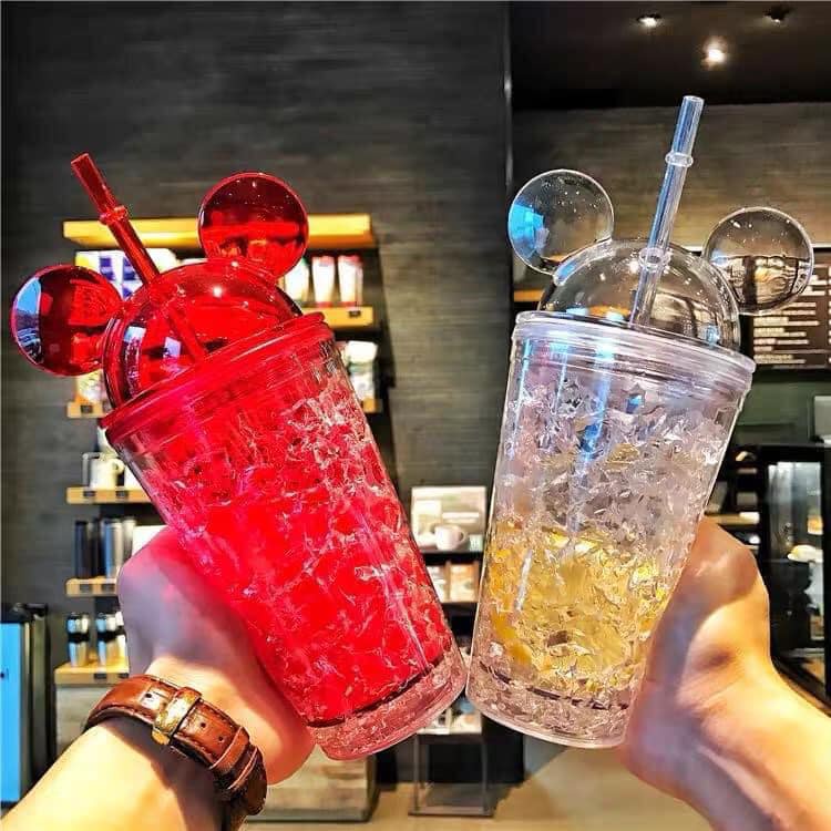 Cốc uống nước mickey kèm ống hút thiết kế 2 lớp giữ nhiệt ép đá lấp lánh