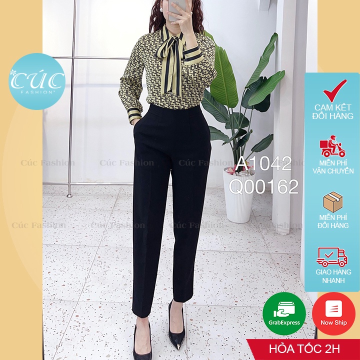 Áo sơ mi nữ Cúc Fashion sơmi kiểu dài tay vải lụa cao cấp thời trang công sở đi học kẻ xanh cam buộc nơ chữ FF đẹp A1042