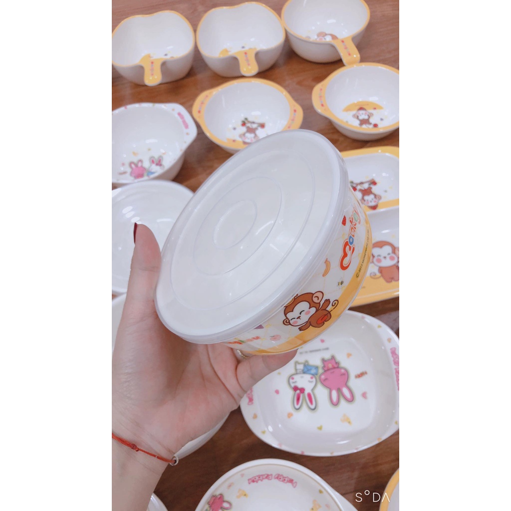 Bát ăn dặm có nắp đậy nhựa Fip cao cấp hình monkey cho bé