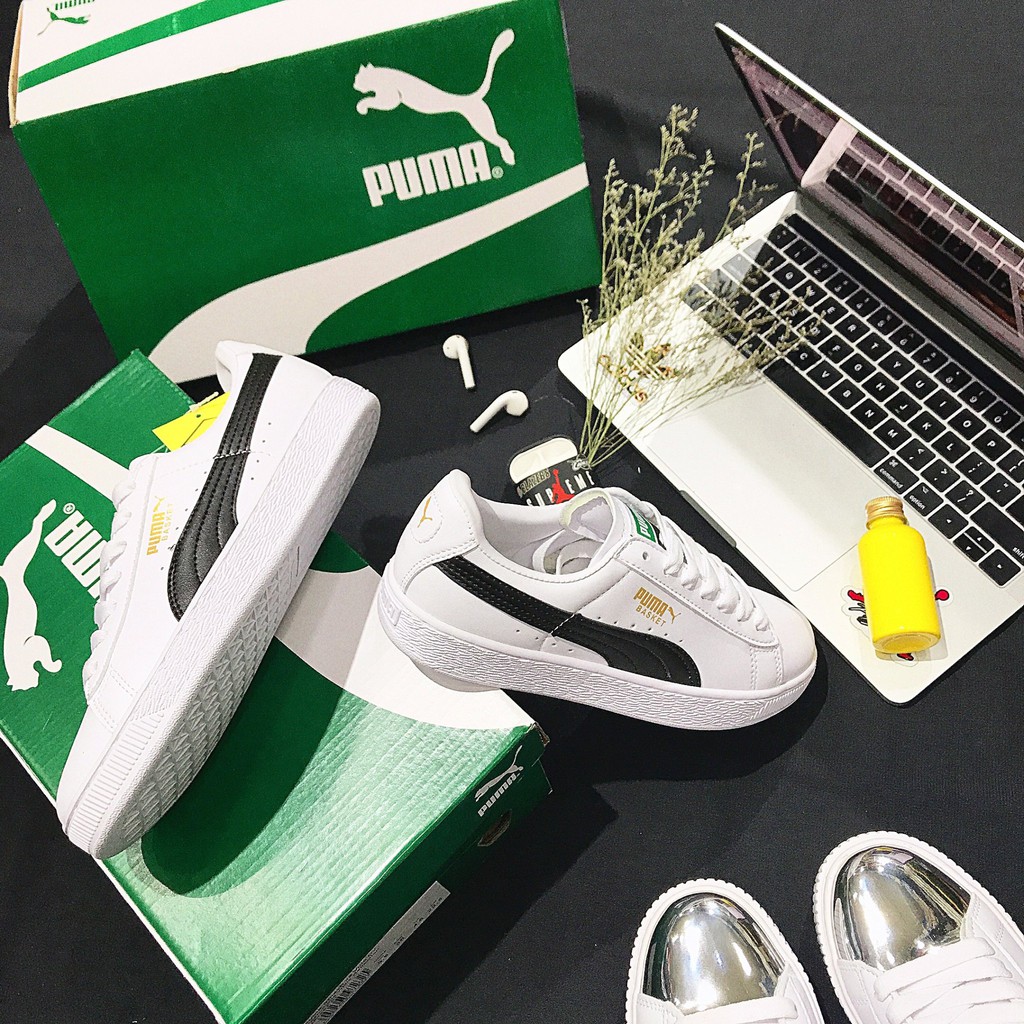 giày thể thao đế bằng Puma Basket Skate màu trắng vạch màu đen