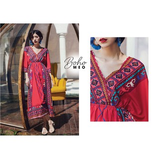 (CÓ SẴN) Váy đỏ/ xanh poly mịn boho viền vuông