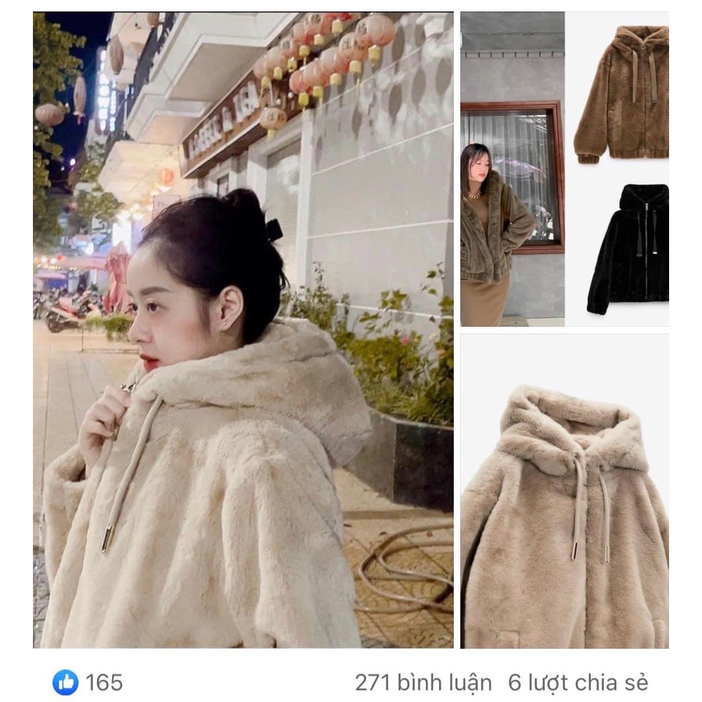 Áo khoác nữ lông thỏ mũ to Z.r mềm mướt dày mịn siêu ấm