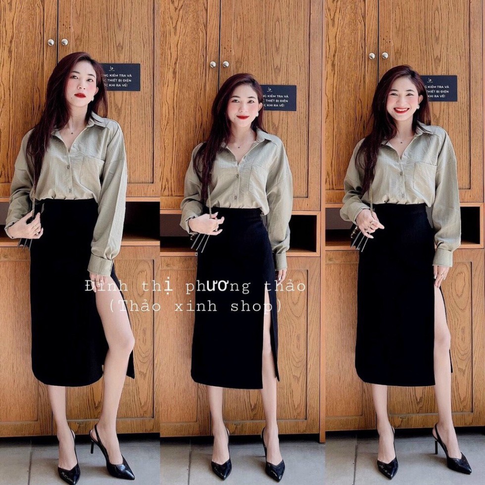 áo sơ mi đũi mix chân váy xẻ lệch chất yumi ulzzang xiao chất đẹp