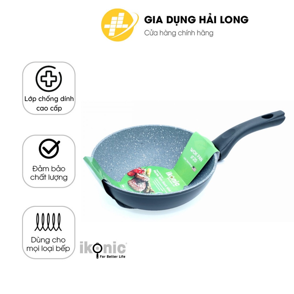 Chảo chống dính bếp từ loại sâu lòng có vân đá của IKONIC IK86 - Bảo hành 2 năm 1 đổi 1