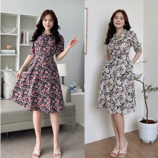 Đầm xòe hoa S&M cổ phối bèo thắt nơ cực xinh, có túi, giá rẻ - GR0231