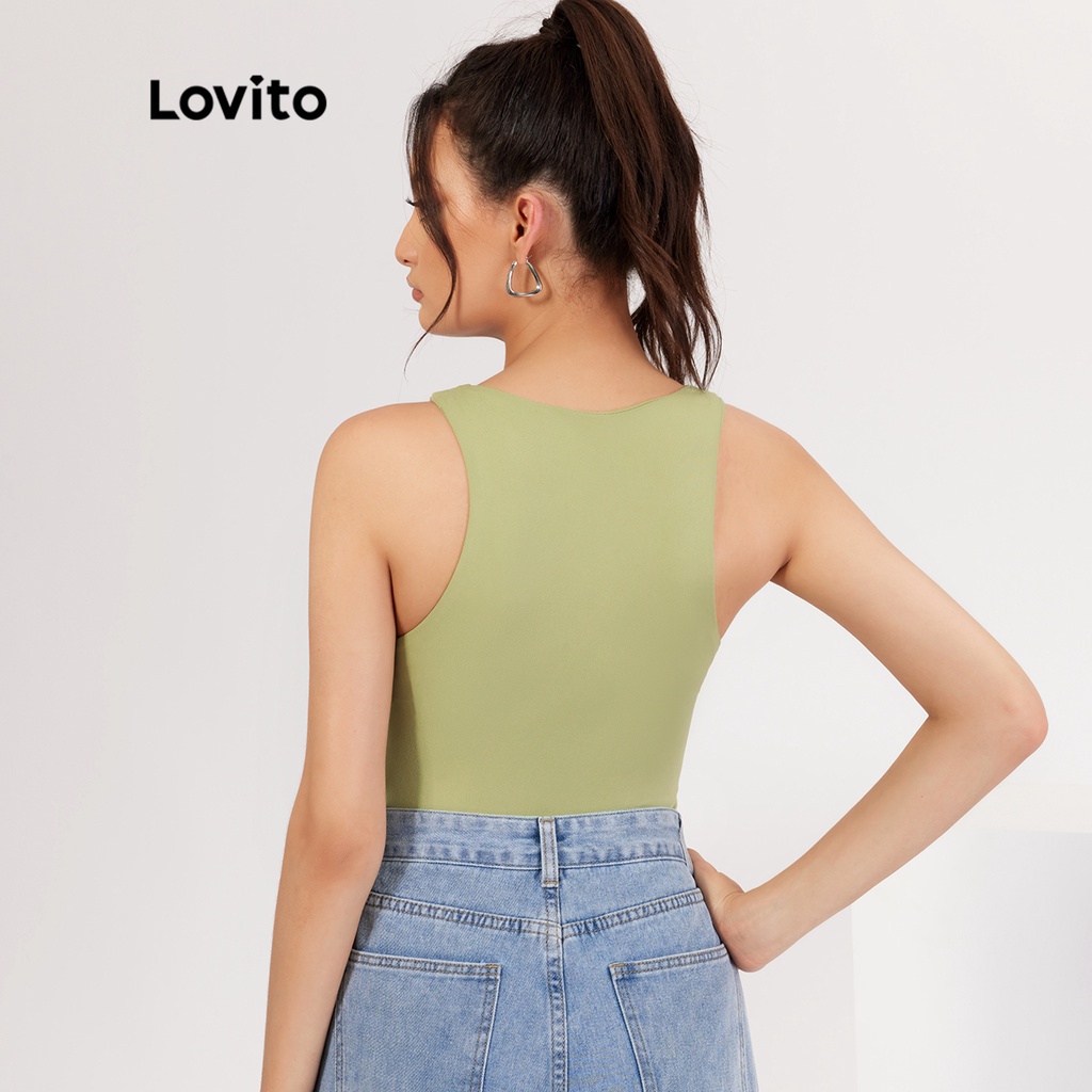 Áo liền quần Lovito màu trơn thiết kế hở vai đơn giản phong cách thường ngày L18X151 (Màu xanh lá nhạt/Màu đen) | BigBuy360 - bigbuy360.vn