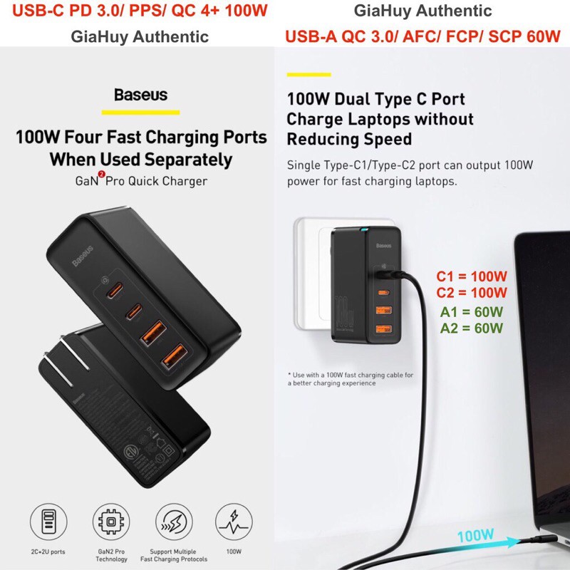 Củ sạc nhanh 100w baseus GaN2 pro PPS , PD 3.0 + QC 4 sạc nhanh Macbook pro, ipad Pro, ip12, Note 10+, s20 ...