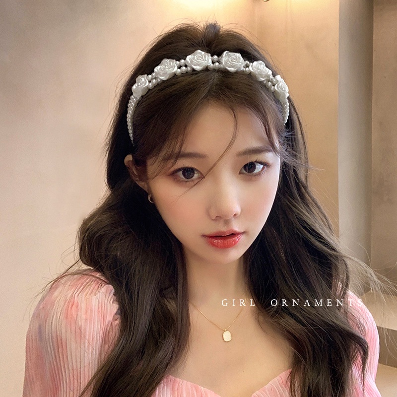 iF YOU Dây Buộc Tóc Đính Hoa Hồng Ngọc Trai Phong Cách Vintage Thanh Lịch Cho Nữ