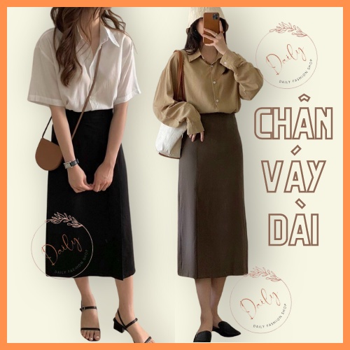 Chân váy MIDI Xẻ Tà Dài Dáng Lưng Cao Dáng Suông Đơn Giản Phong Cách Cá Tính 2 Màu Nâu, Đen