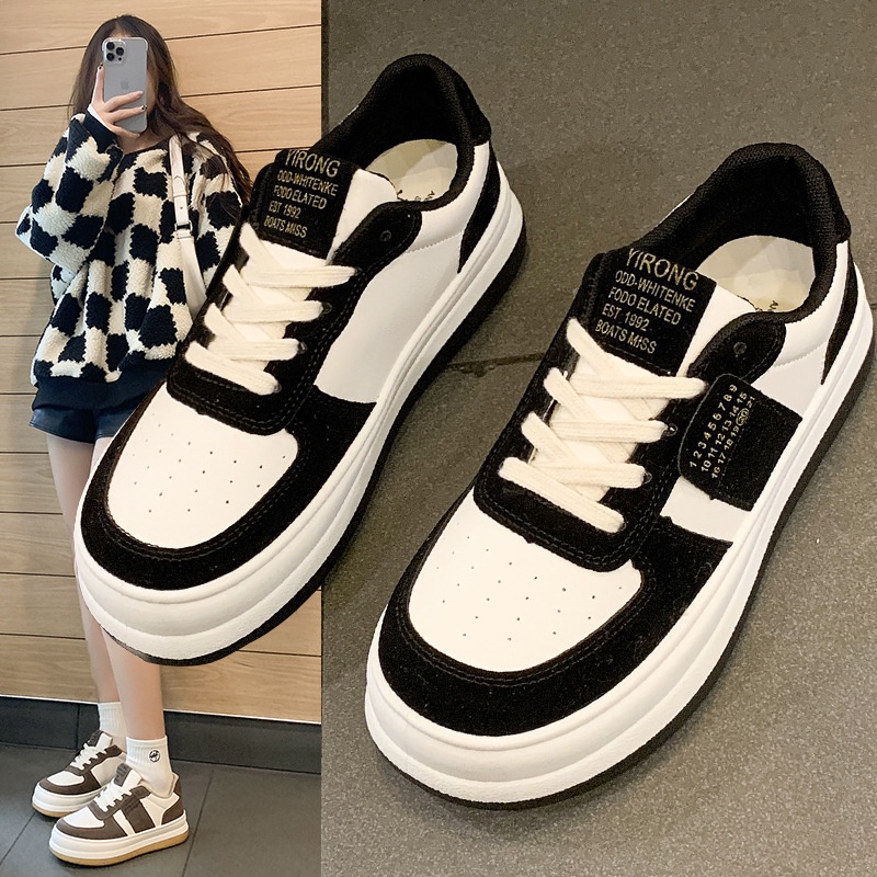 Giày thể thao nữ ULZZANG màu đen nhung Giầy sneaker đế bánh mì mũi tròn hàng QC bản mới cao cấp