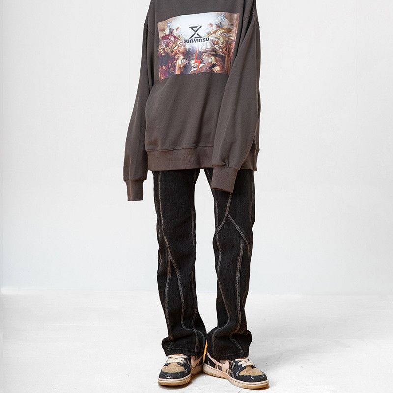 Nhà Máy Mới Guochao Quần Jean Ống Rộng Xẻ Tà retro Đường Phố Cao Cấp Cho Nam Nữ