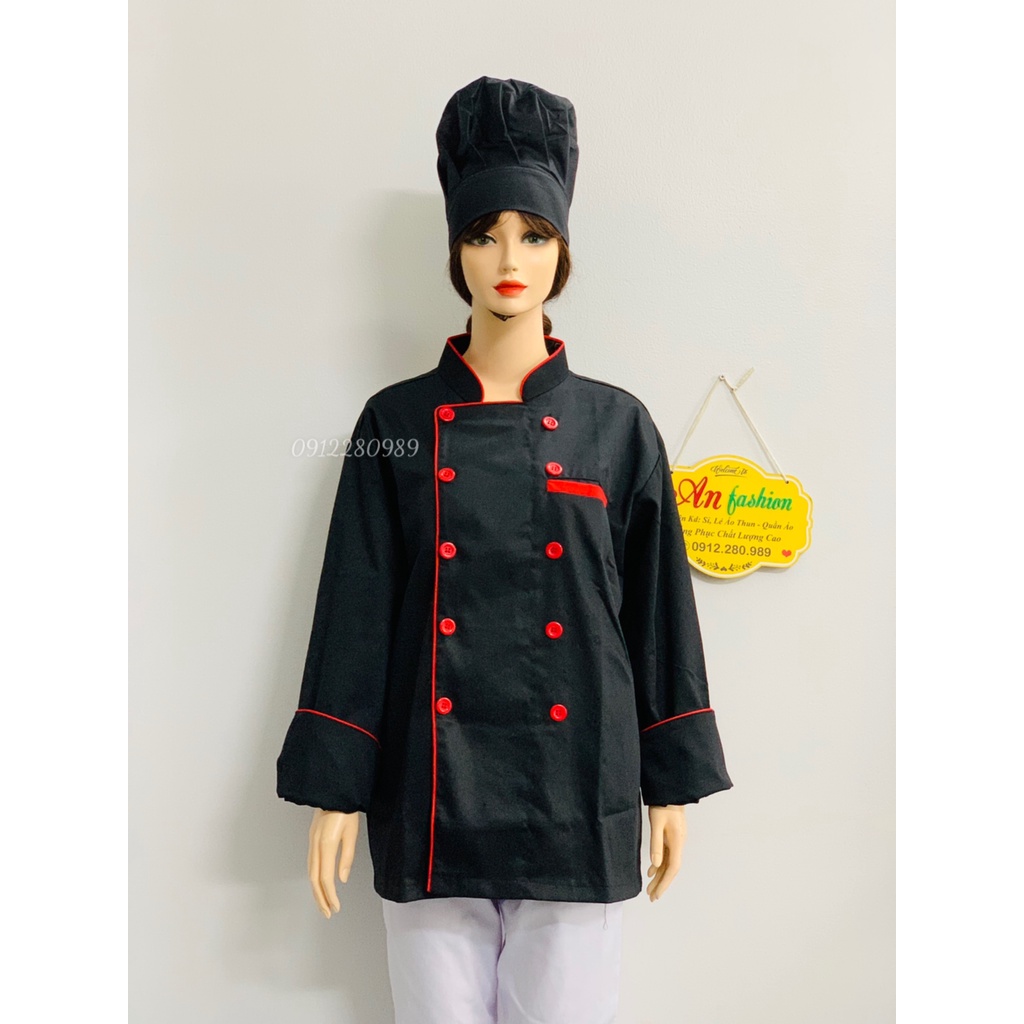 Áo đầu bếp nam nữ cao cấp dày dặn màu đen tay dài _ Hình chụp thật