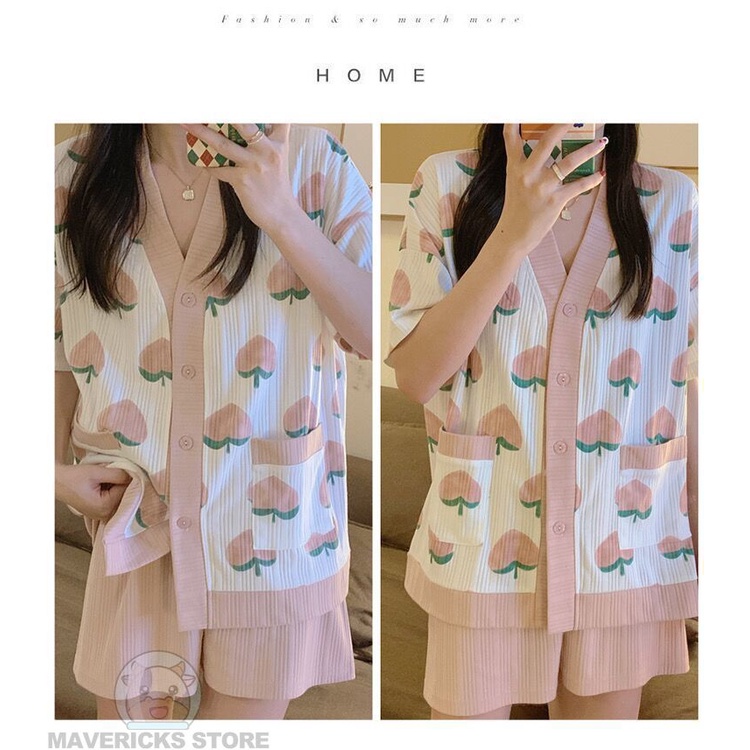 Bộ Đồ Ngủ Tay Ngắn In Hình Quả Đào Phong Cách Hàn Quốc Thời Trang Mùa Hè Cho Nữ