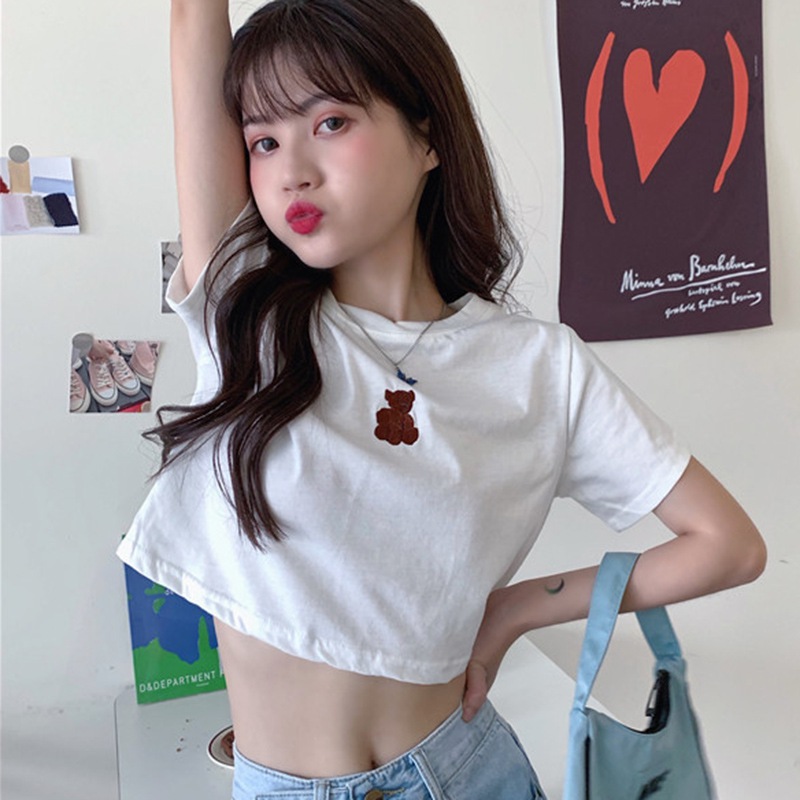 Áo croptop ngắn tay cổ tròn thêu họa tiết phong cách Hàn Quốc