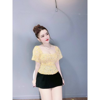 Áo Kiểu Nữ In Bông Hoa Tay Ngắn Cổ Vuông Thời Trang Mới SP Av107