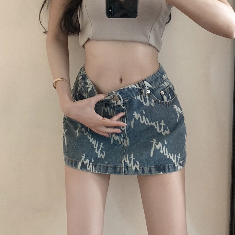 Chân váy jean chữ A IHKKE lưng cao dáng ôm phong cách retro dành cho nữ