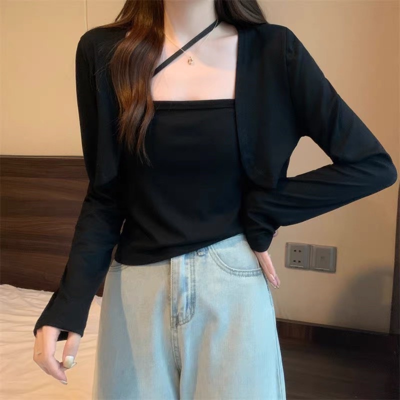 Sét áo dây đan chéo + cardigan khoác siêu xinh cổ vuông - hàng có sẵn