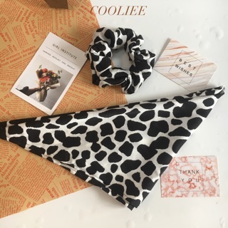 Bộ dây buộc tóc scrunchies và khăn bandana đội đầu hoạ tiết bò sữa