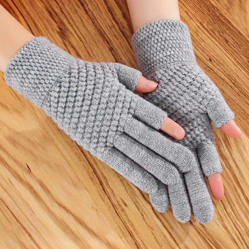 pN7D Găng tay len chống nắng / chống lạnh dày màu trơn thiết kế hở 2 đầu ngón tay cảm ứng
