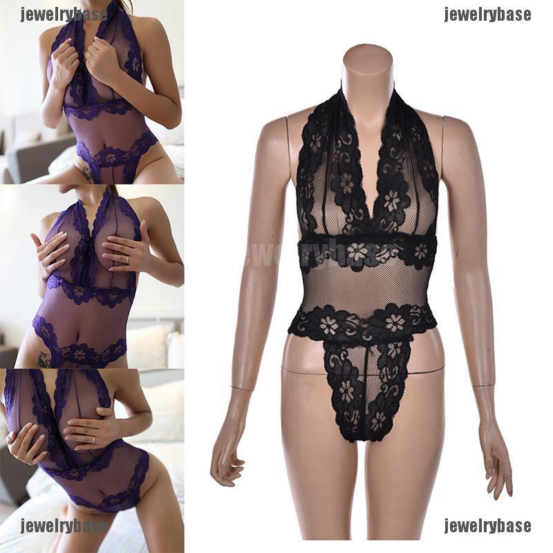 Bộ đồ ngủ liền thân cổ treo ren hoa xuyên thấu quyến rũ cho nữ