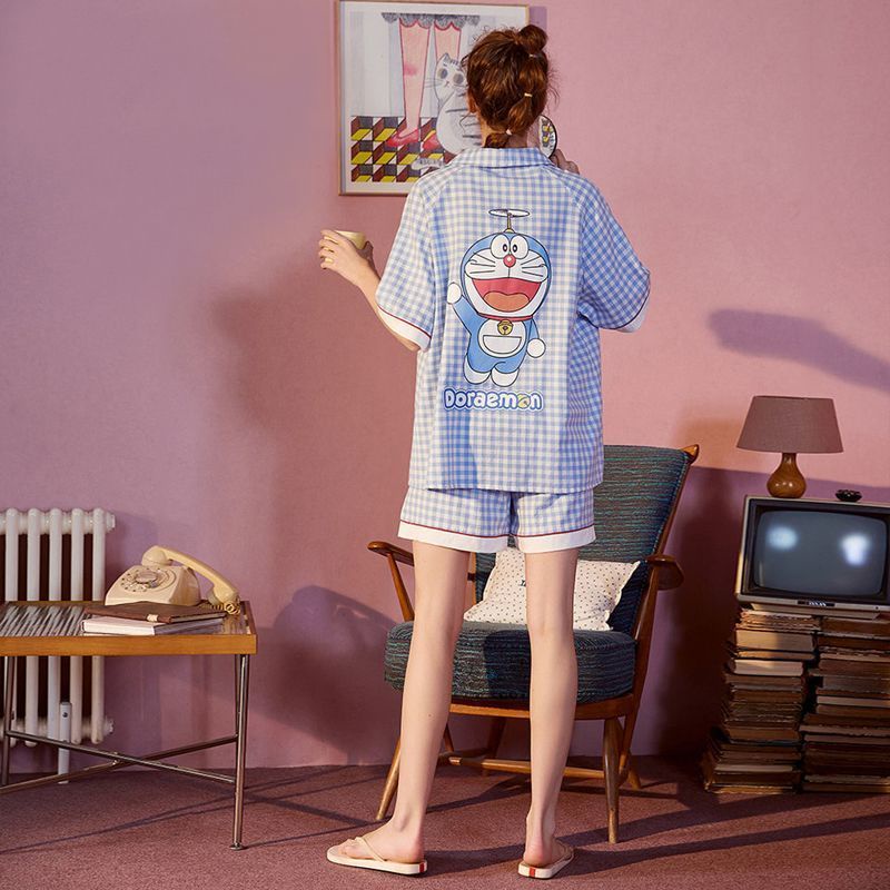 Bộ đồ ngủ tay ngắn vải Cotton kẻ sọc in hình Doraemon dễ thương cho nữ