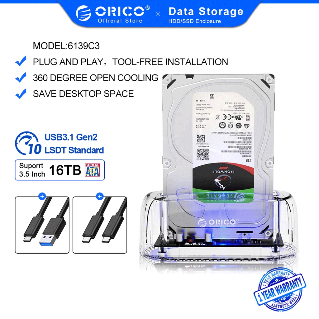 Trạm Sạc Ổ Cứng Orico Dòng 6139C3 10 Gbps USB 3.1 Gen2 Type-C Thiết Kế Trong Suốt Cho HDD 2.5/3.5