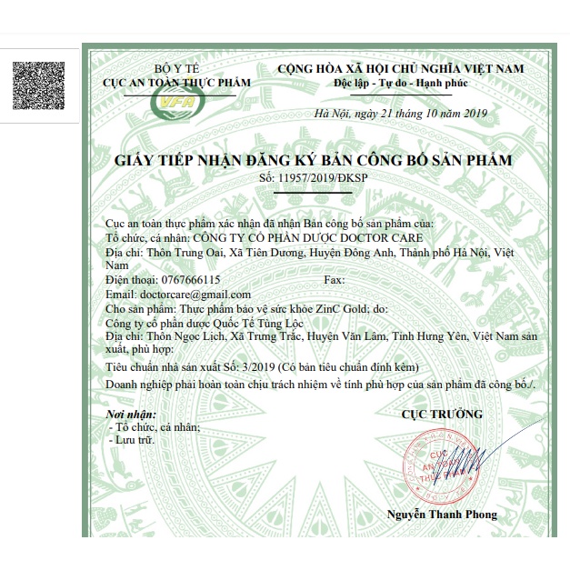 Kẽm Nước Cho Trẻ ZinC Gold Doctor Care Hộp 10 Ống