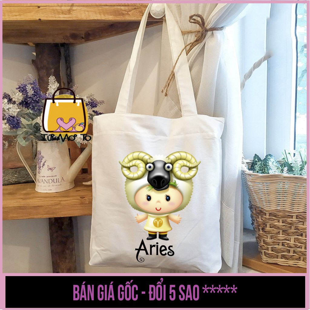 Túi tote VUÔNG  12 cung HOÀNG ĐẠO- Túi canvas - Túi Vải có khóa kéo  - Túi Mơ To store