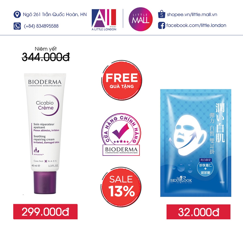Kem dưỡng ẩm và phục hồi da Bioderma cicabio crème 40ml TẶNG mặt nạ Sexylook (Nhập khẩu)
