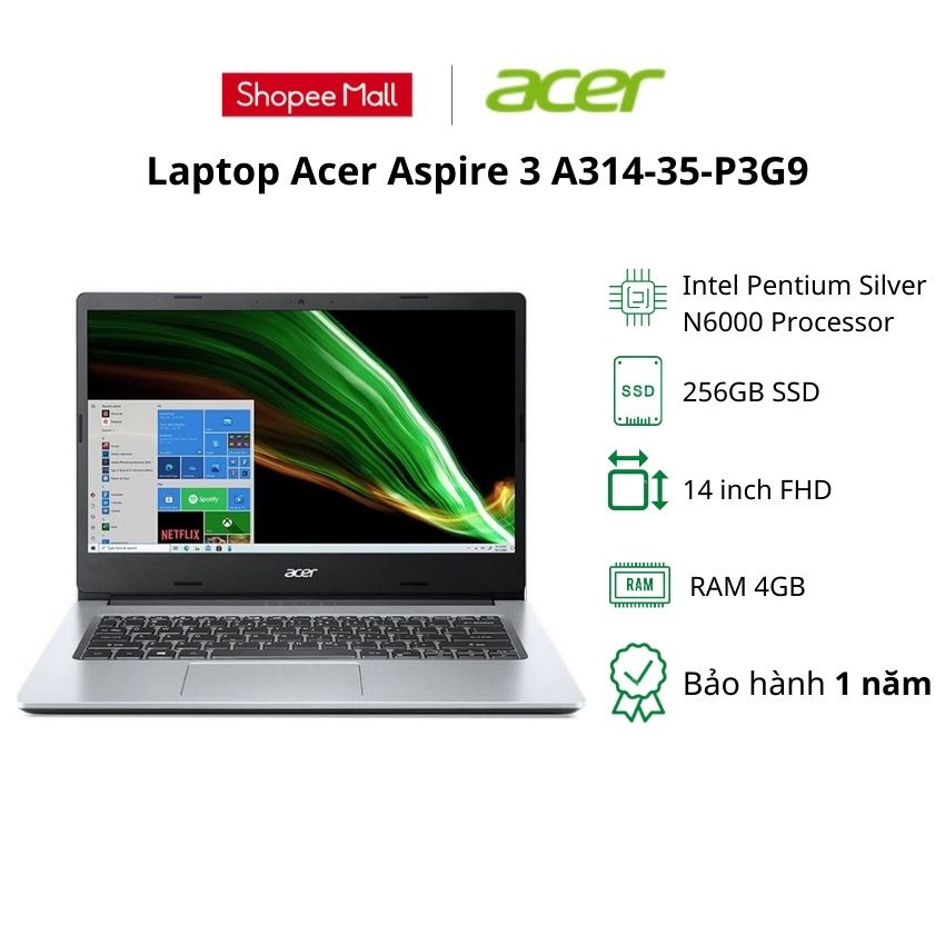 Laptop Acer Aspire 3 A314-35-P3G9/ Silver/ Intel Pentium Silver N6000/ RAM 4GB DDR4/ 256GB SSD/14inch HD/Win 11/ 1Yr