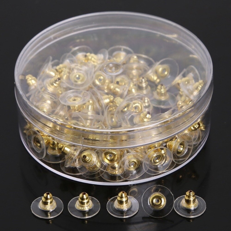 Set 100 chốt khuyên tai silicon, các nút chặn bông tai mạ vàng, bạc 925
