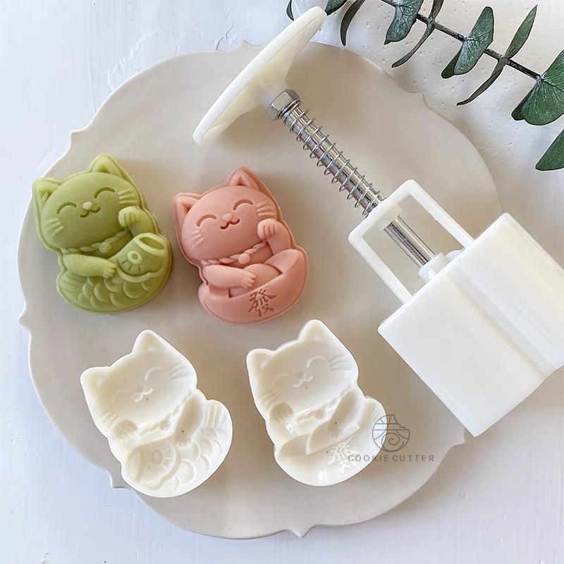 Khuôn trung thu lò xo 50g 1 nhấn 2 mặt mèo Tài Lộc mới