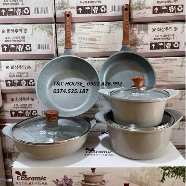 BỘ NỒI 5 MÓN ĐÁY TỪ CAO CẤP TẶNG CHẢO ĐÁ NƯỚNG 33CM ECORAMIC HÀN QUỐC CHÍNH HÃNG