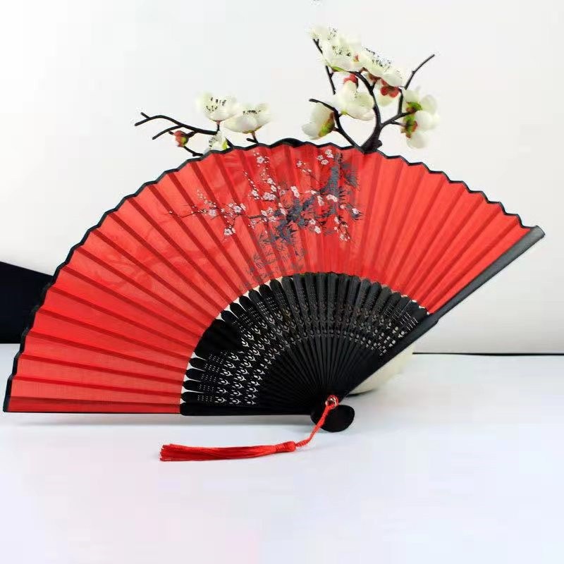 Quạt cổ trang M50 xếp giấy nan trúc cầm tay gập gọn dây tuyến cosplay phong cách Nhật Bản