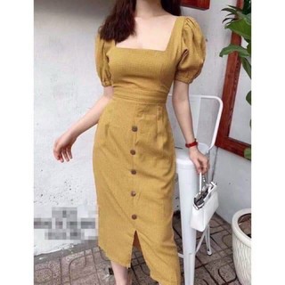 Váy xuông caro cổ vuông có dây thắt eo S M