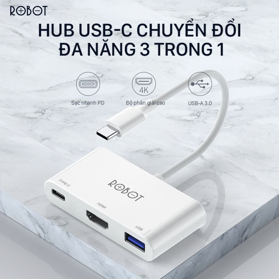 USB HUB Type-C ROBOT HT430 Bộ Chuyển Đổi 3 Trong 1 Type-C Sang USB C HDMI USB Sạc Nhanh PD