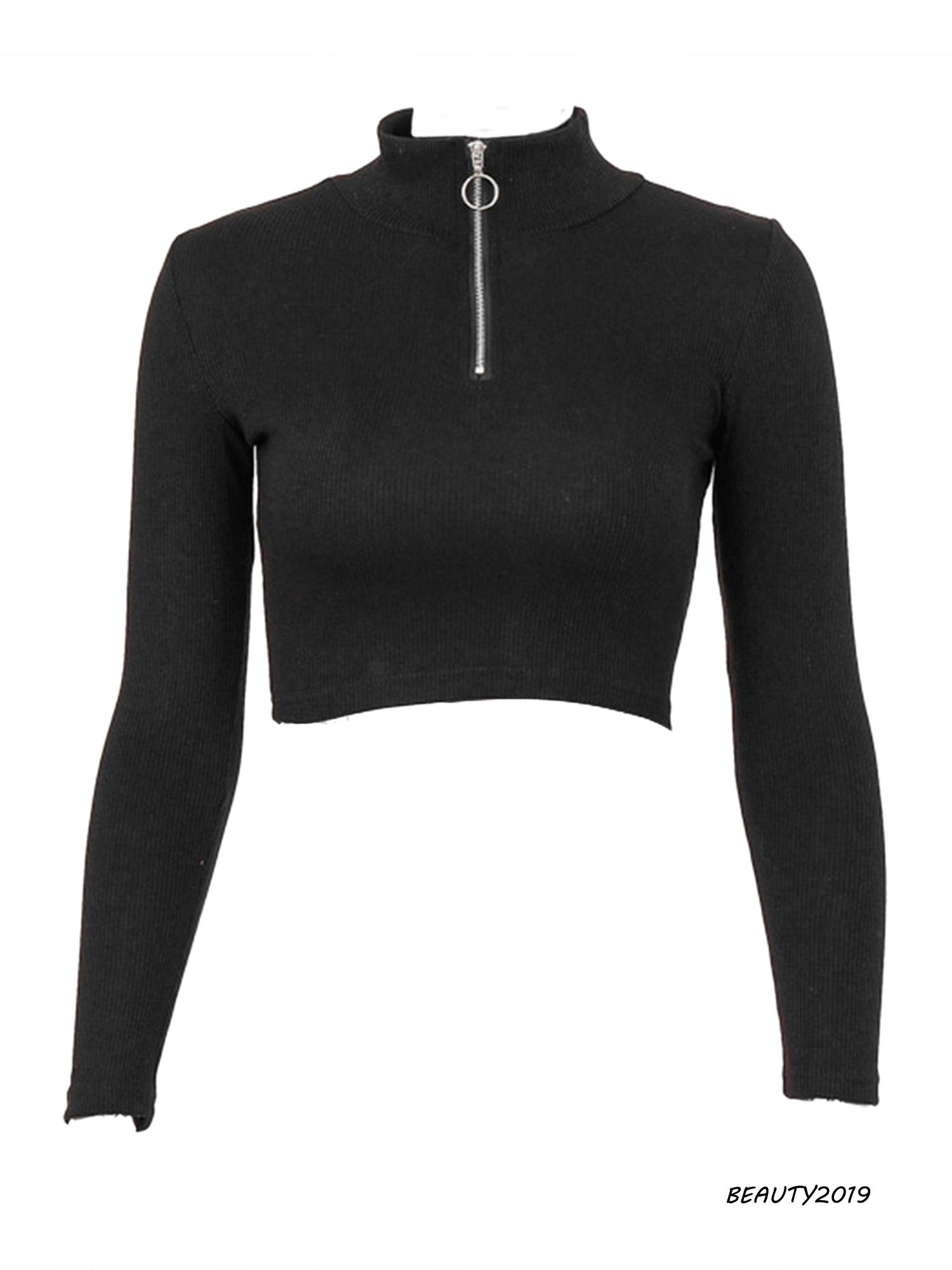 ➹-Women´s Rib Knit Crop Top Long Sleeve Stand Collar Zipper Front Slim Fit Solid Color Basic Tee Shirt