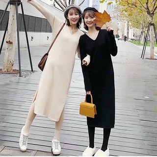 Váy len suông dài tay xẻ tà phong cách hàn quốc