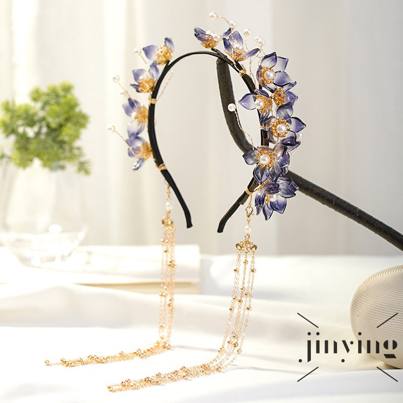 GETNOIVAS Cài tóc phối tua rua xỏ ngọc trai và hoa xanh dương phong cách Trung Hoa handmade