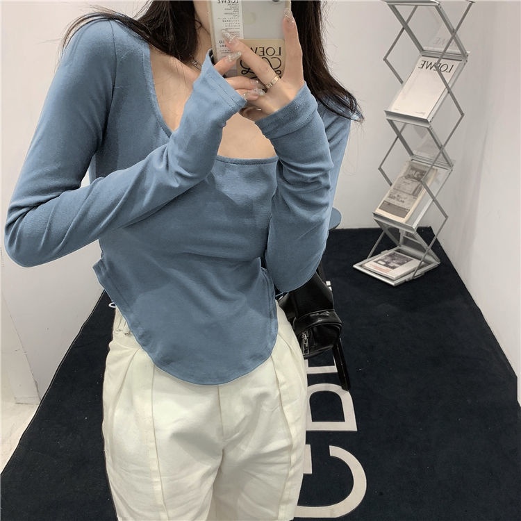 Áo Thun Tay Dài Cổ Khoét Sâu Thiết Kế Độc Đáo Quyến Rũ