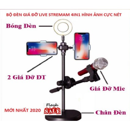 Đèn Live Stream 4in1, Để Bàn Có Chân Đỡ Micro LivesTream Hai Điện Thoại - Bộ Giá Đỡ Điện Thoại Livestream 4in1