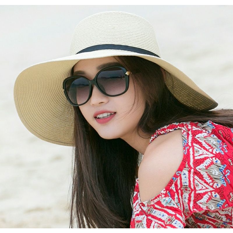 Mũ đi biển cói nón rộng vành chống nắng UV phối dây đen