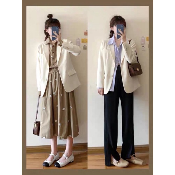 Áo khoác blazer nữ 2 lớp màu trắng sữa phong cách trẻ trung và năng động | BigBuy360 - bigbuy360.vn