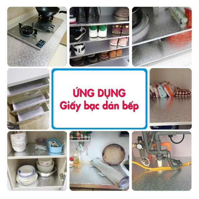 Giấy bạc dán tường nhà bếp tráng nhôm khổ 1.2m cuộn decal bạc cách nhiệt chống thấm dầu mỡ bền đẹp