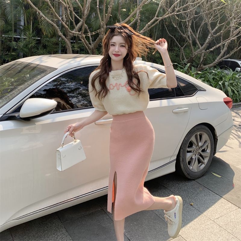 Set áo len + chân váy xẻ đùi