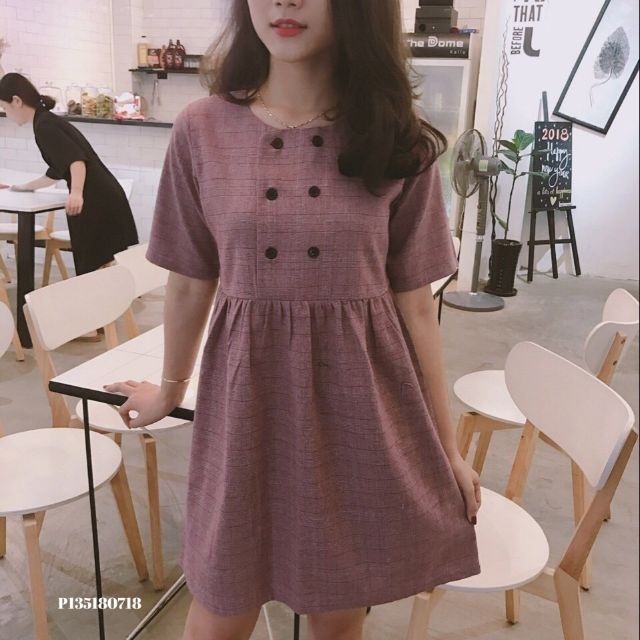 Đầm caro babydoll hàng nút