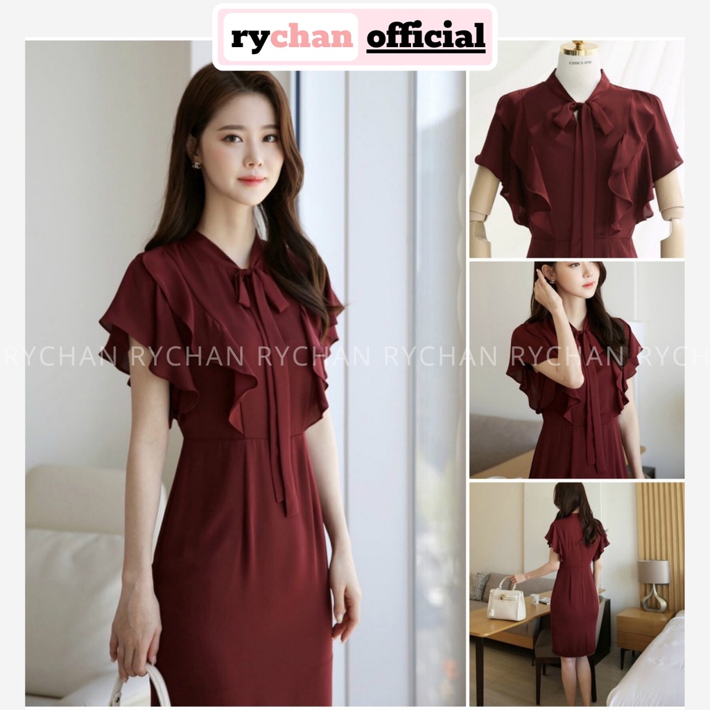 Đầm Đỏ Xòe Phối Bèo Nơ Cổ Tôn Dáng Thanh Lịch [ẢNH THẬT CUỐI] - DX926
