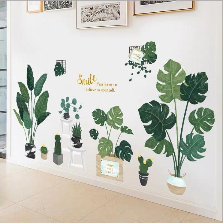 Decal dán tường 3D phong cách Hàn Quốc chậu cây tươi xanh - decalhcm