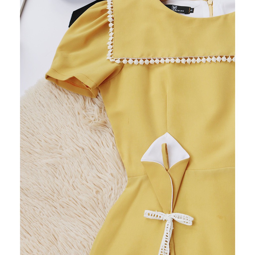 Đầm vàng công sở nữ thiết kế dáng chữ a dễ thương tay ngắn vải lụa cao cấp - Thời trang Lux W | BigBuy360 - bigbuy360.vn