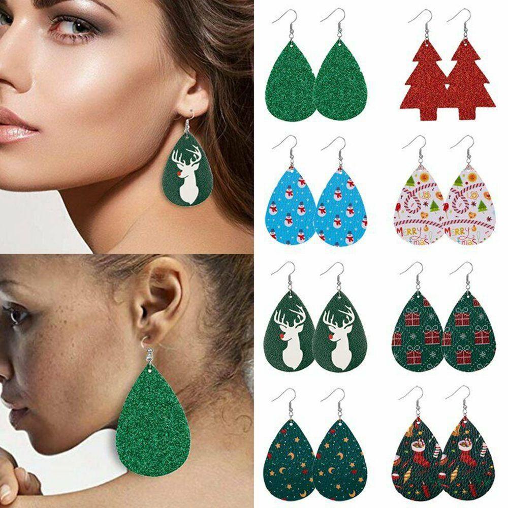 Bông Tai Bằng Da Hình Giọt Nước Đính Đá Phong Cách Giáng Sinh